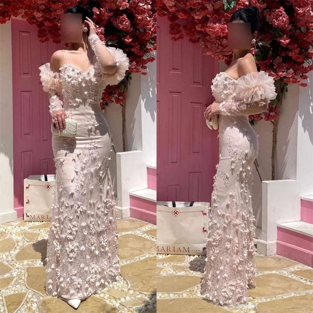 Saudi Arabia Evening Dress Formal Sweetheart Sheer Straps A-line Floor Length Skirts Flower Bespoke Occasion Dresses Prom Gown