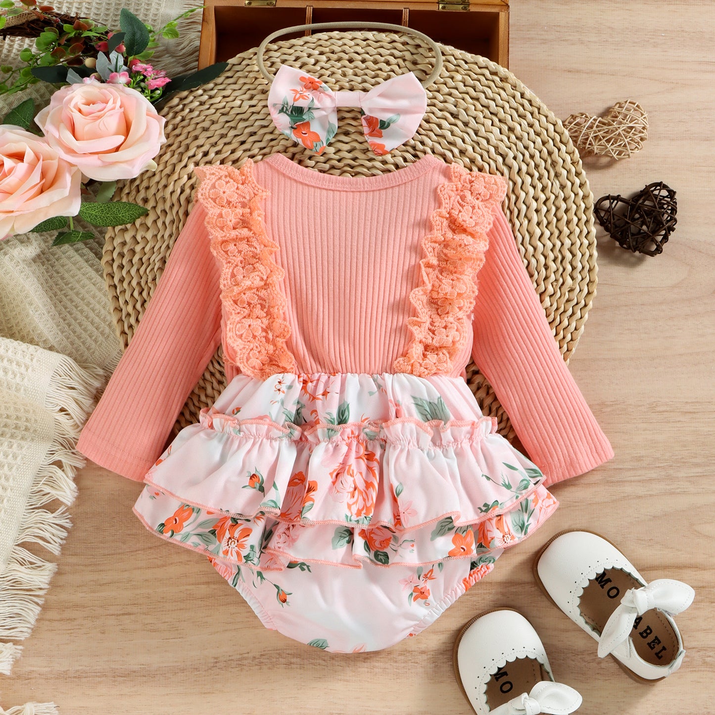 2pcs Infant Baby Girls Romper Dress Patchwork Flower Print Lace Sleeveless/Long Sleeve Crew Neck Front Bowknot Jumpsuit Headband