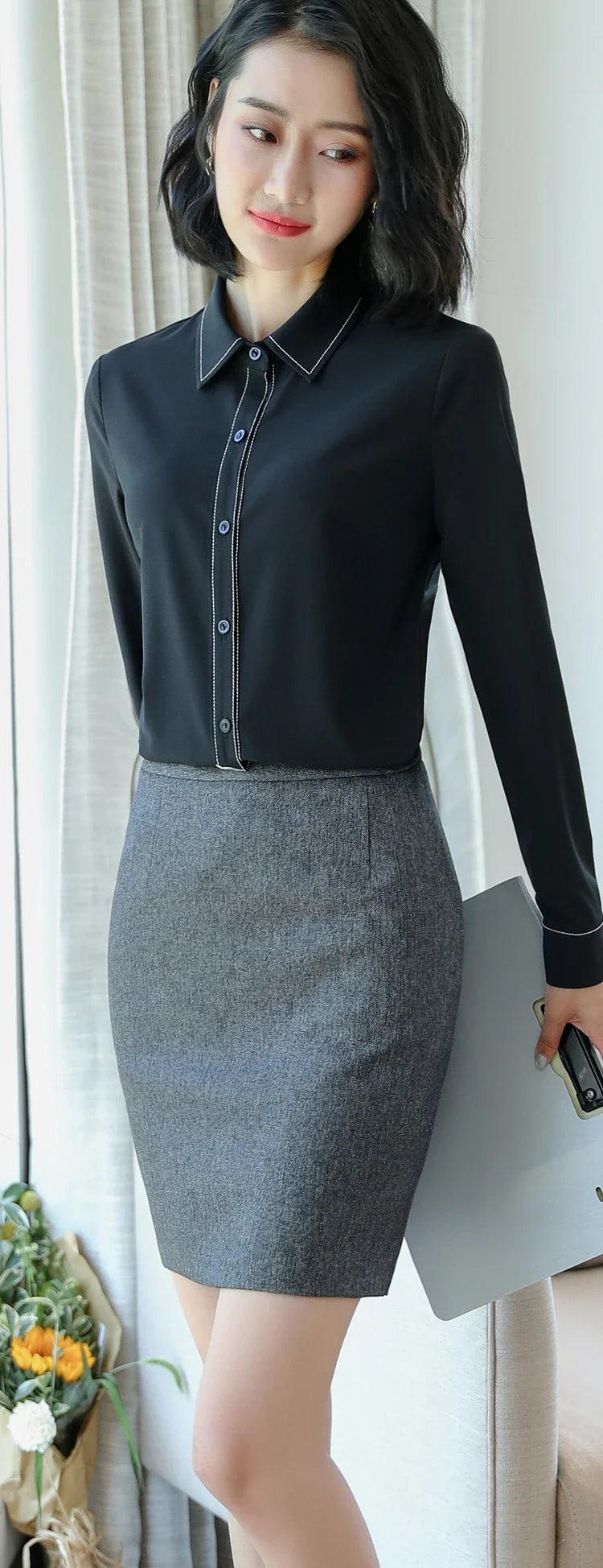 Spring Black Gray Blazer Set for Women Uniform Lady Work Outfit with Skirt Office Suits Female Formal Elegant 2 PCS