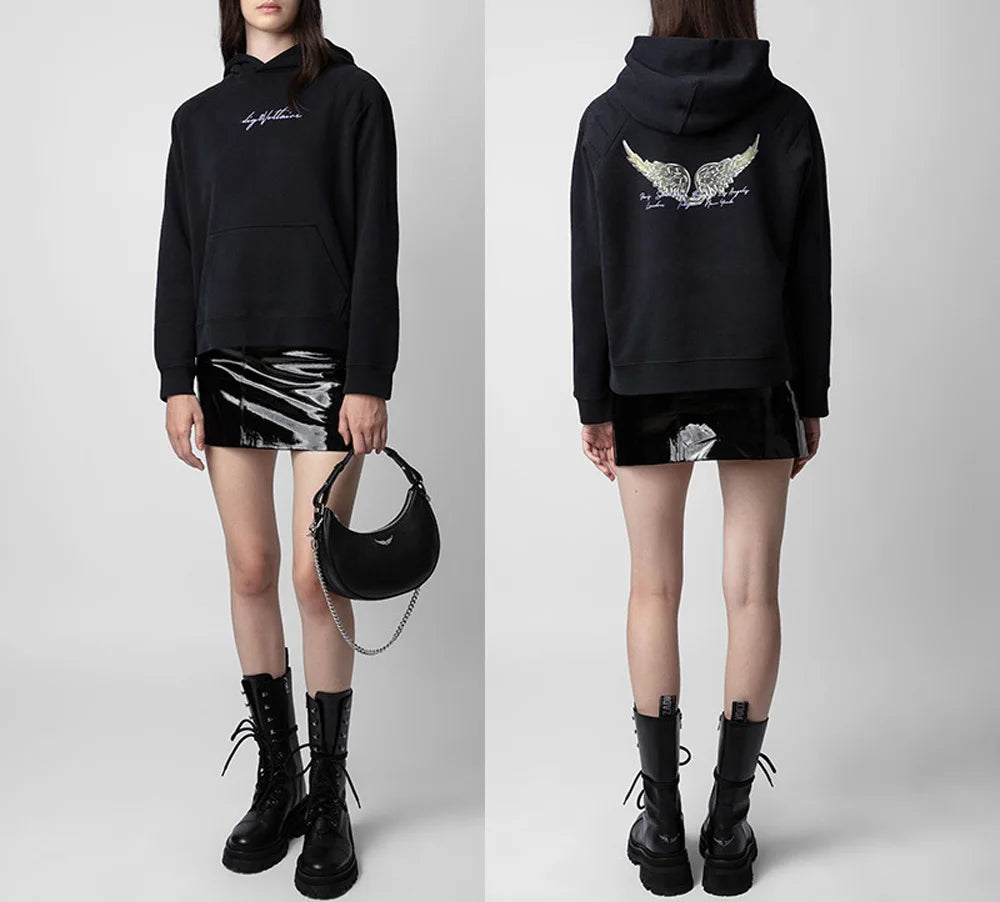 Women's Swestshirt Letter Front Back Big Wings Hoodie Long Sleeve Pocket Fleece Fashion Casual Pullover Hooded Sweatshirt