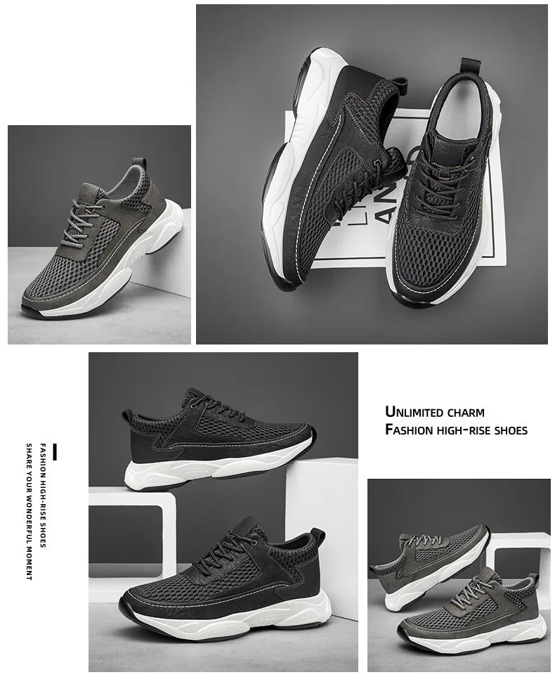 Breathable Sneakers Man Elevator Shoes Height Increase Insole 8cm Black Taller Shoes Men Leisure Fashion Sports Plus Size 37-44