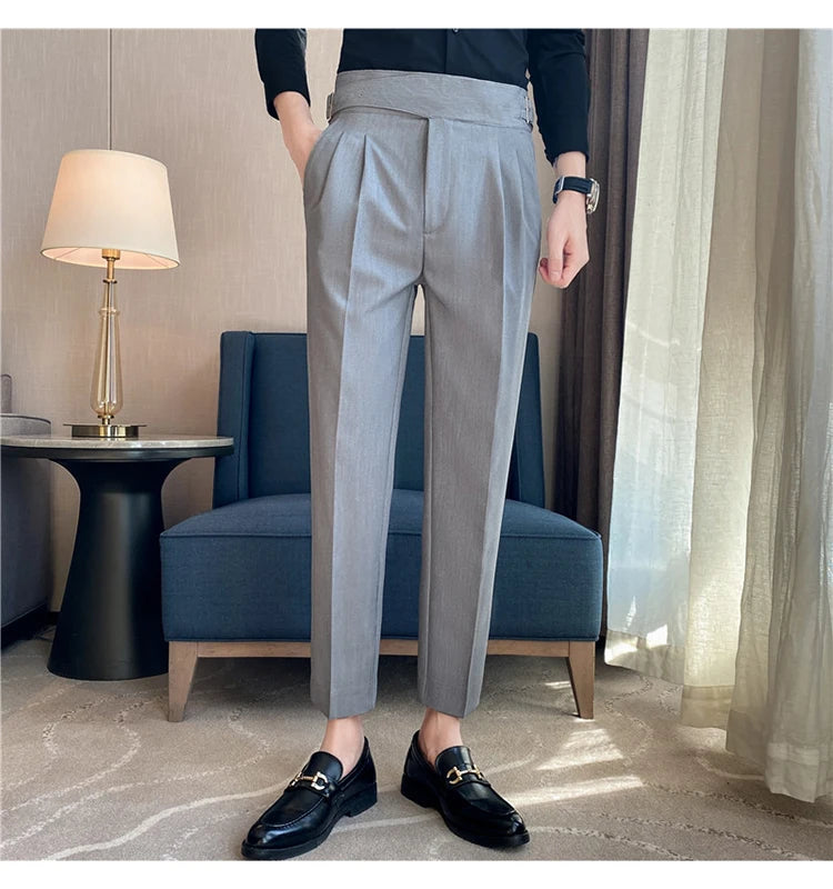 British Style Men High Waist Casual Dress Pant Men Belt Design Slim Trousers Formal Office Social Wedding Party Dress Suit Pants