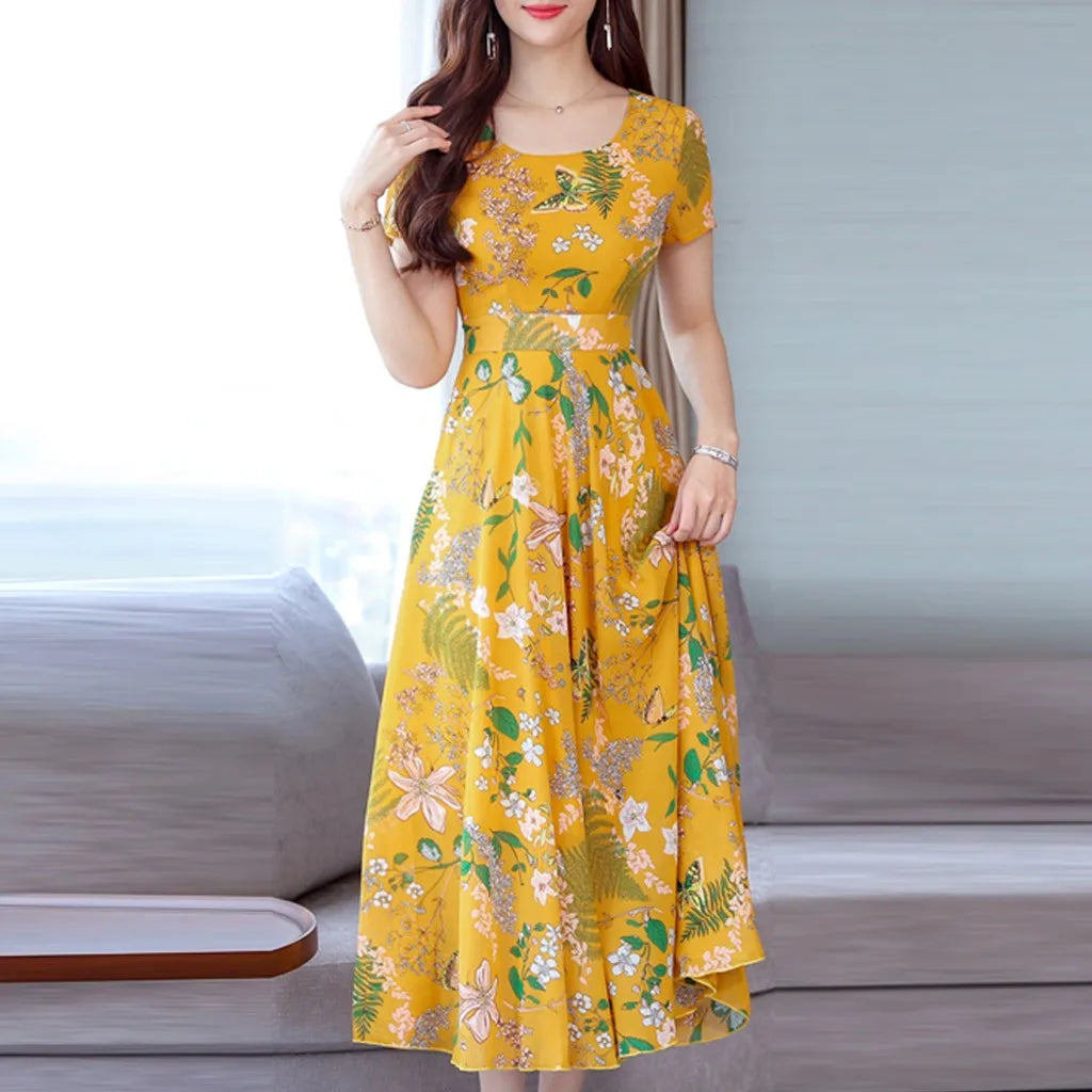 ARWEN & AJH GROUP  Boho Dress Women Floral Print Wrap Long Holiday Dress Ruffles Female Casual O-Neck Beach A Line Dress Party  Clothing