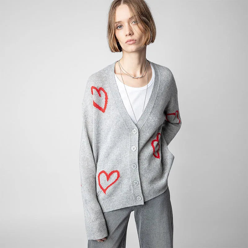 Zadig Cashmere Sweaters Women Loose Winter Cardigans Sweater Female New Fashion Grey Red Love Jacquard Casual V Neck Sweater Top