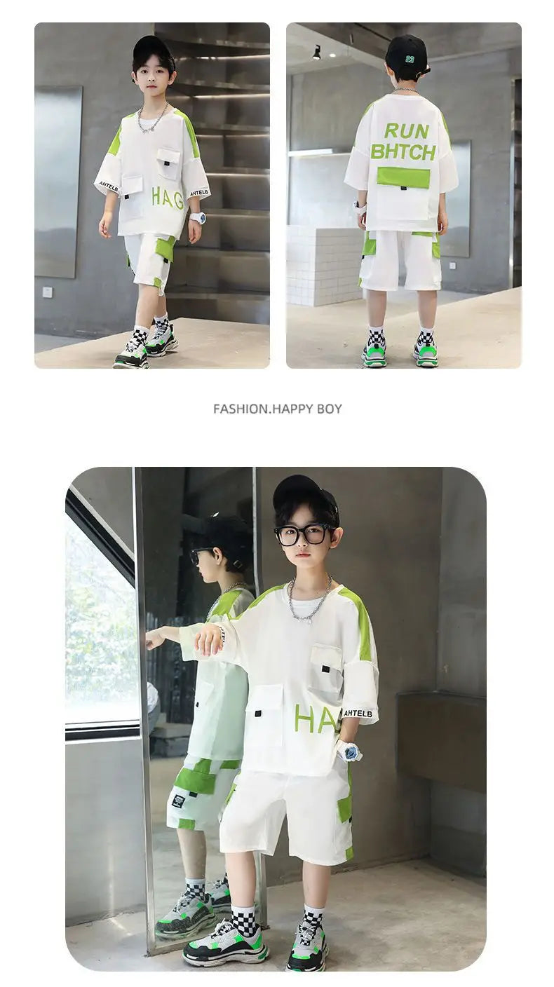 Summer Teenage Boy Short Sleeve Clothes Set Children Letter Print Top and Bottom 2 Pieces Suit Kid T-shirts Shorts Tracksuit