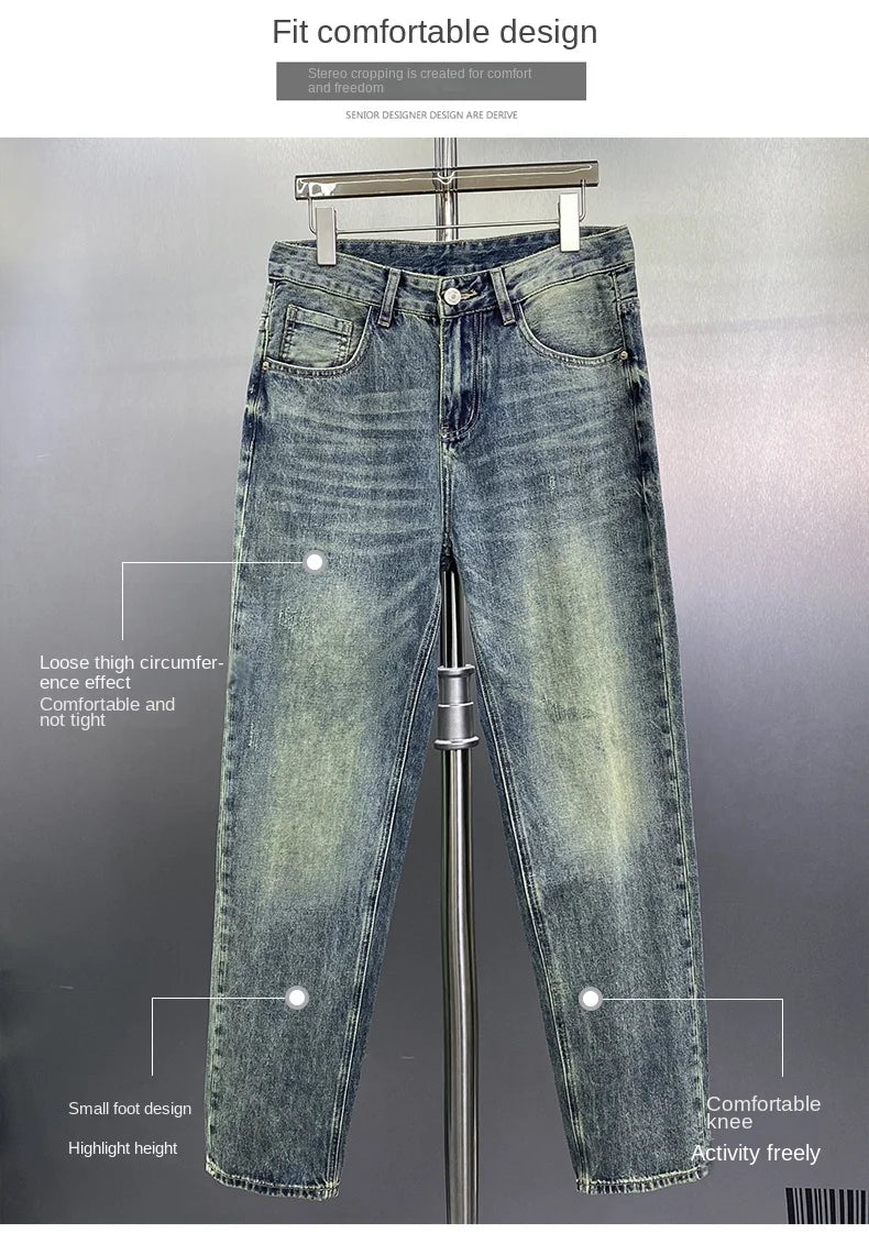 Thin section light blue jeans high-end simple fashion loose straight pants spring and summer casual versatile men's pants