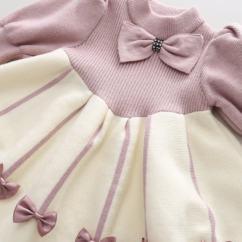 Autumn Winter 2024 Toddler Girl Dress Loose Fleece Warm Round Collar Knotbow Baby Girl Dress Knitted Little Girls Princess Dress