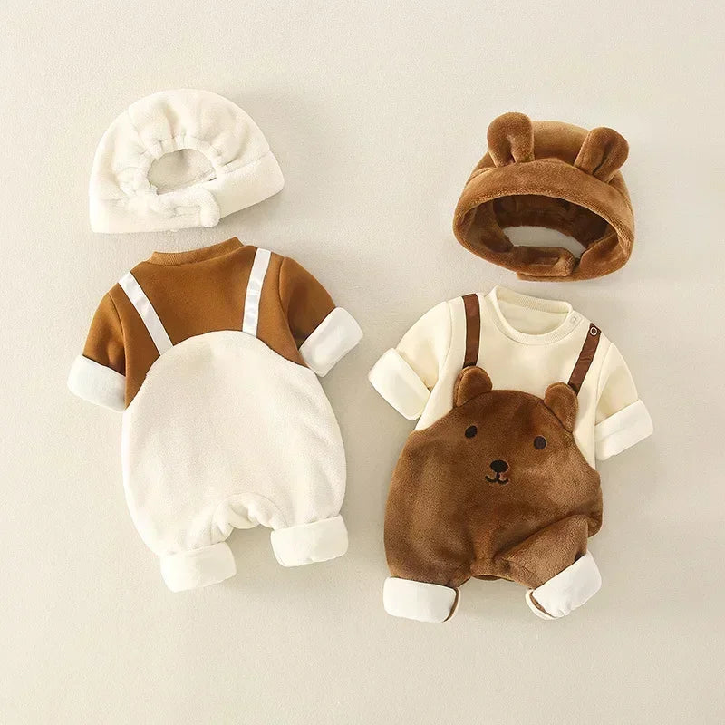 Winter Newborn Baby Clothes Plush Warm Strap jumpsuits Cute Bear Baby Girls Boys Romper Korean Style Long-sleeved Toddler Sets