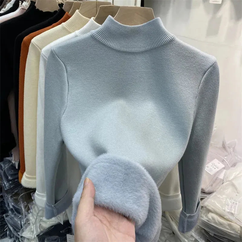 Korean Turtleneck Slim Thicken Knitted Pullovers Woman 2024 Winter Plus Velvet Sweater Casual Fleece Lined Warm Knitwear Tops