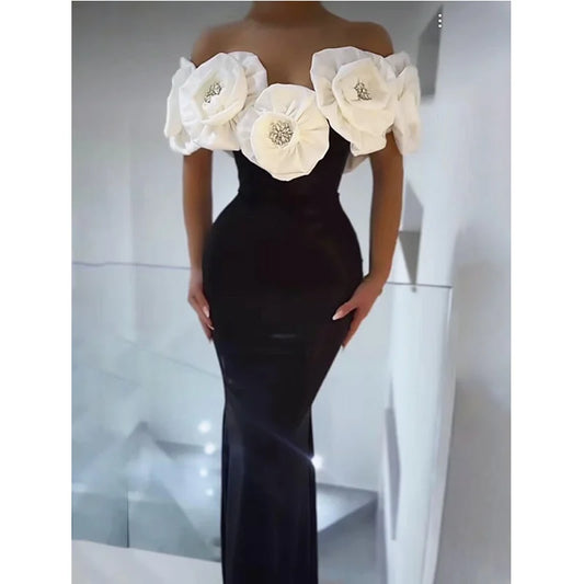 مجموعة اروين التجارية ARWEN & AJH  Stereoscopic White Flowers Sexy Off The Shoulder Ankle Lenght Bandage Dress Woman Birthday Party Vestido Wedding Party Outfit