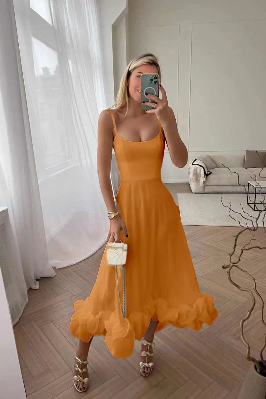 مجموعه اروين  ARWEN & AJH GROUP  Elegant Ruffle Solid Sling Long Dress Women Strap Waist Party Dresses Fashion Sleeveless Backless Beach Swing skirt A-line tutu