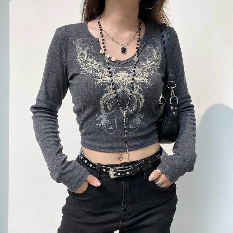 مجموعة أروين ARWEN&AJH GROUPTees Grunge Fairy Casual Party Women's Round Neck Tight Tops intage Heart Wings Print Long Sleeve Slim Fit Pullovers