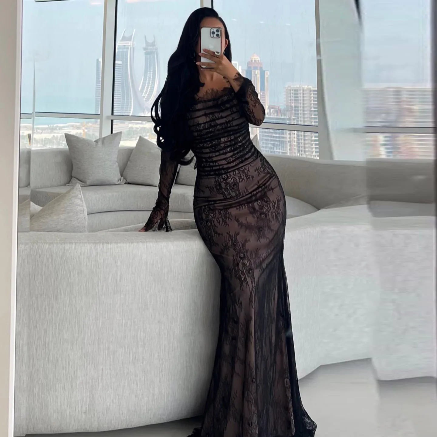 Sharon Said Custom Made Dubai Black Lace Mermaid Evening Dress Off Shoulder Arabic for Woman Wedding Party Prom Gown SF125