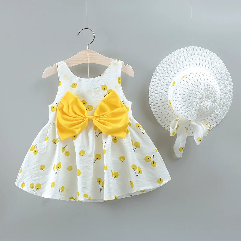 ARWEN & AJH GROUP    New Summer 2-piece Baby and Toddler Fruit Apple Cherry Allover Bow Decorative Sleeveless Dress and Hat Set