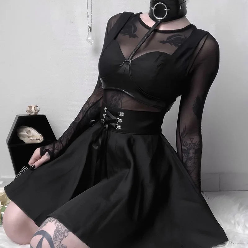 مجموعة اروين arwen&ajh group 2024  Gothic Black Skirt Japanese-Style Hipster Black  Bubble Women's Lace-up Back Zip  Girl's Pleated Mini Skirt