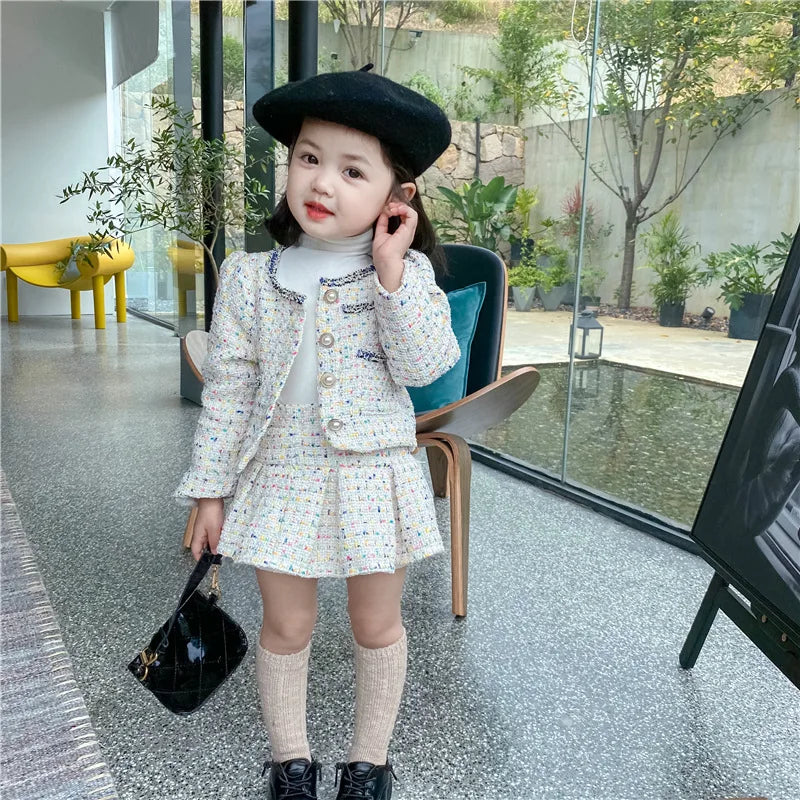 3308E Girls' Clothing Set Sweet Suit 2022 Autumn New Little Fragrant Wind Girl Two Piece Suit Knitted Coat+ Pleated Skirt