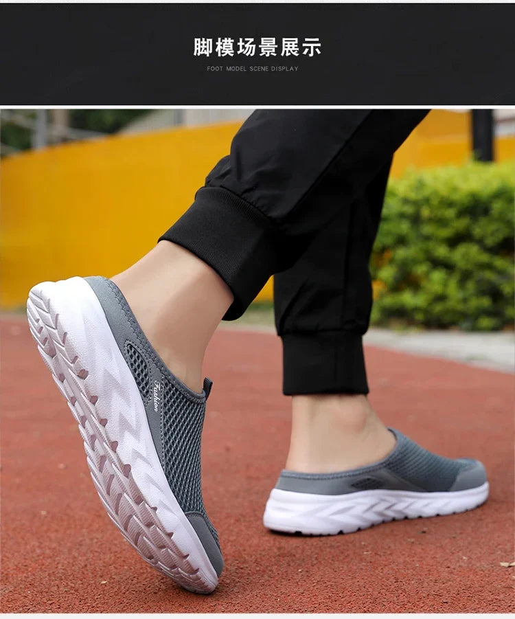 YRZL Men Half Slipper New Style Lat-soled Wild Flat-bottomed Summer Breathable Mesh Thin Section Baotou Slippers Man