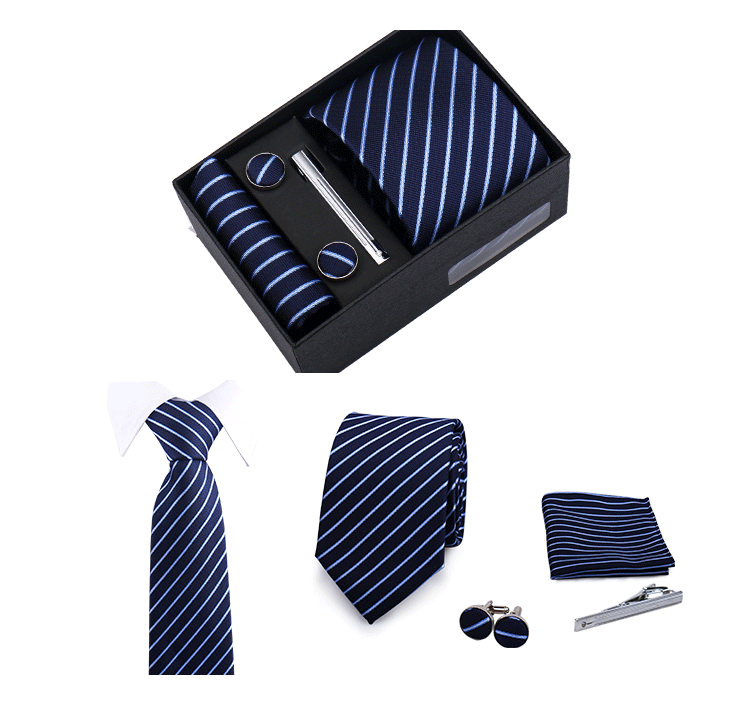 Fashion Elegant Men's Necktie Gift Box Striped Tie Handchief Cufflink Tie Clip 4 pcs Set Wedding Business Party Suit Accessories