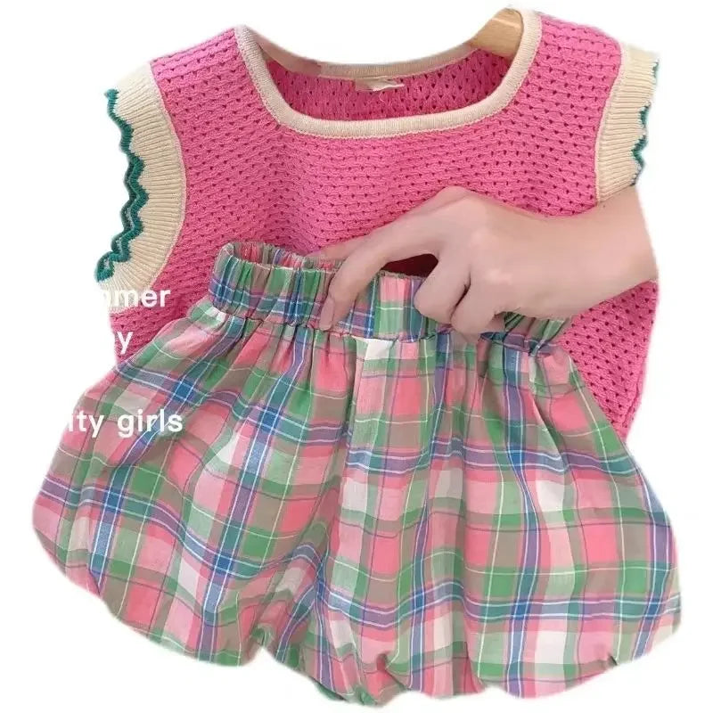 Girl's Children's Clothing Suit Summer Pink Knitted Vest+Plaid Bud Shorts Two-piece Set for Outer Wear Leisure Style Loungewear