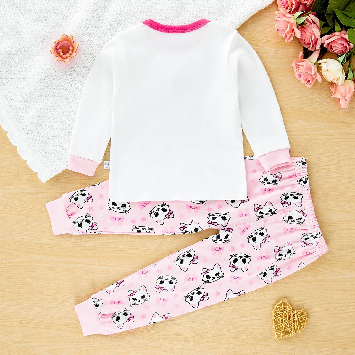 hibobi Spring 2-Piece Cute Cat Girl Round Neck Loungewear Set Comfortable Fashion Pajama Pants Set For Girls Aged 1-6 Years Old