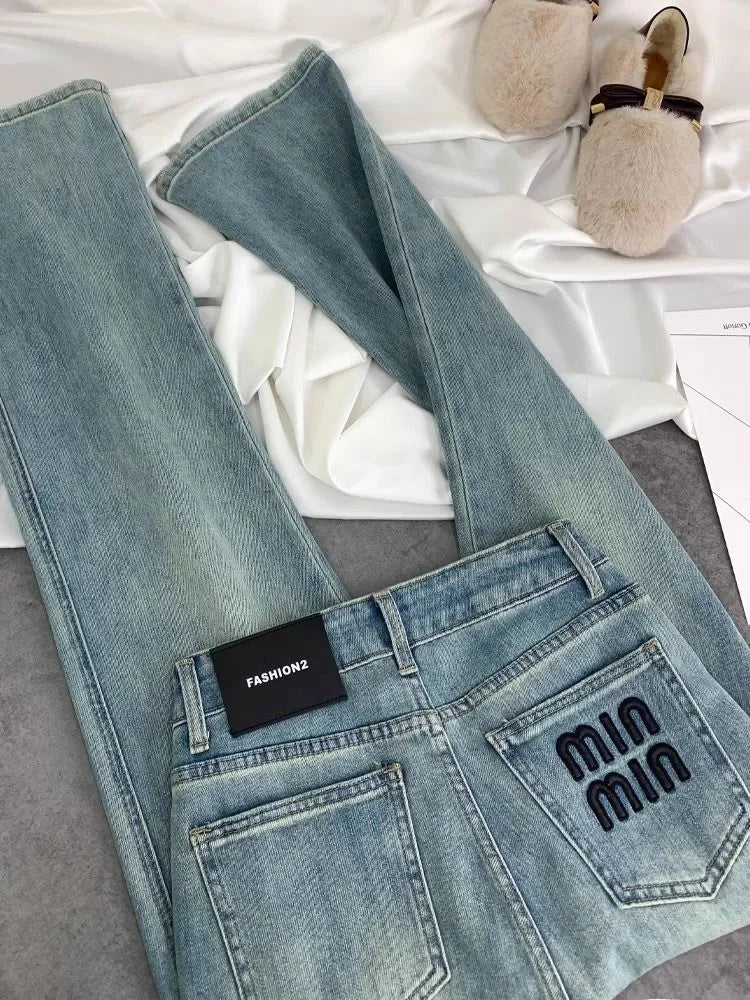 Blue Women Jeans Streetwear Vintage Fashion High Waisted Wide Leg Jean Female Trouser Letter Hip Hop Baggy Blue Denim Pants