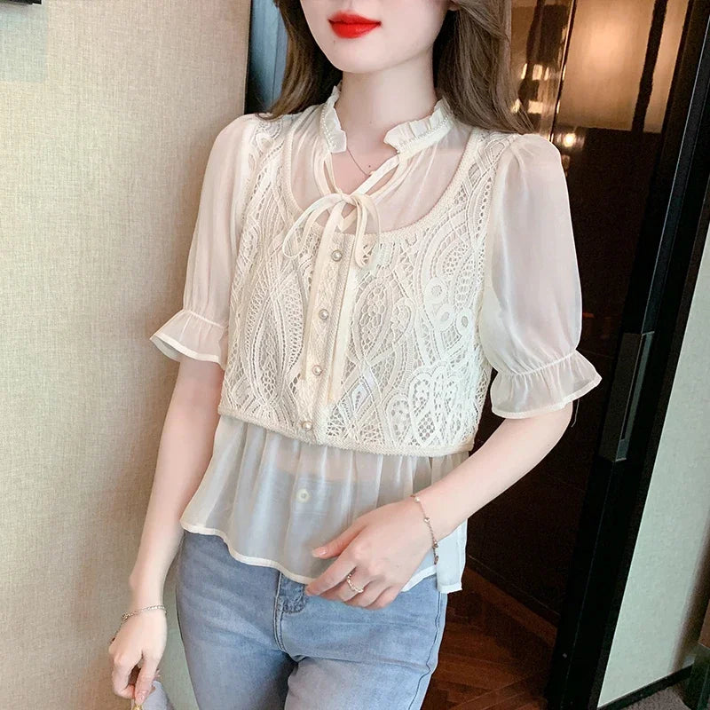 Summer V-Neck Lace Chiffon Blouse Shirt Women Tops Blusas Mujer De Moda 2024 Verano Short Sleeve Blouse Women Blouses Blusa G529