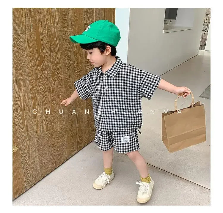 Children Clothing 2023 New Fashionable Boys Clothes Set Spring Summer Kids Sports Style Short Sleeves Plaid Shorts Two Piece Set