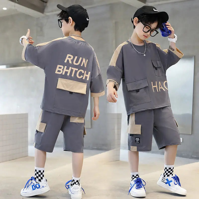 ARWEN & AJH GROUP Summer Teenage Boy Short Sleeve Clothes Set Children Letter Print Top and Bottom 2 Pieces Suit Kid T-shirts Shorts Tracksuit