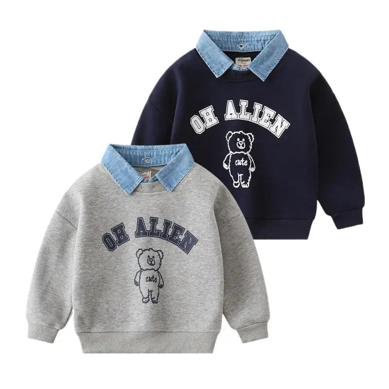 Autumn Children Boys Fake Two Piece Sweatshirt Cotton Bear Printed Baby Boy Pullovers Detachable Collar Long Sleeve Kid Boy Tops