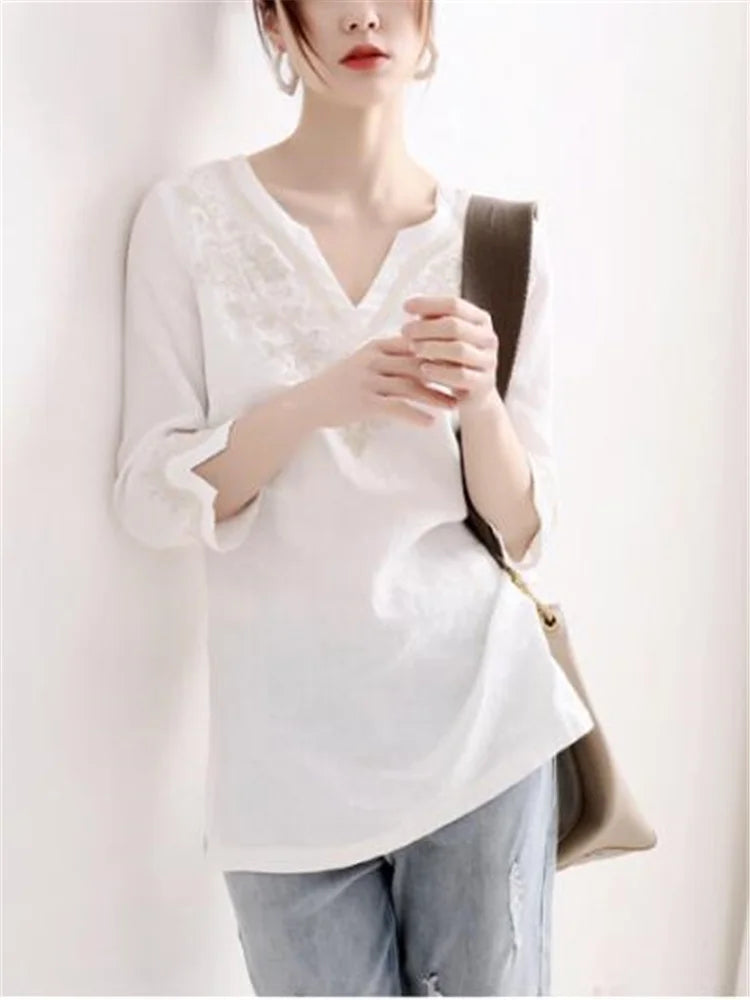 Cotton Shirt For Women Pullover 3/4 Sleeve Split Top Summer Clothes V-Neck Embroidery Loose Female Blouses White Casual Shirt