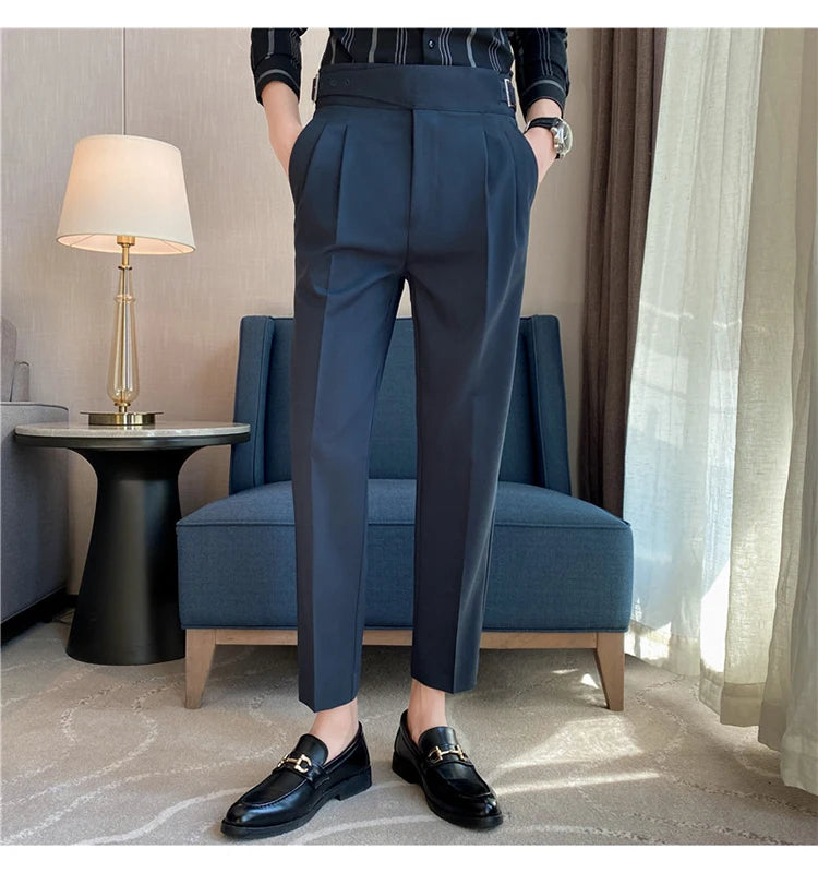 British Style Men High Waist Casual Dress Pant Men Belt Design Slim Trousers Formal Office Social Wedding Party Dress Suit Pants