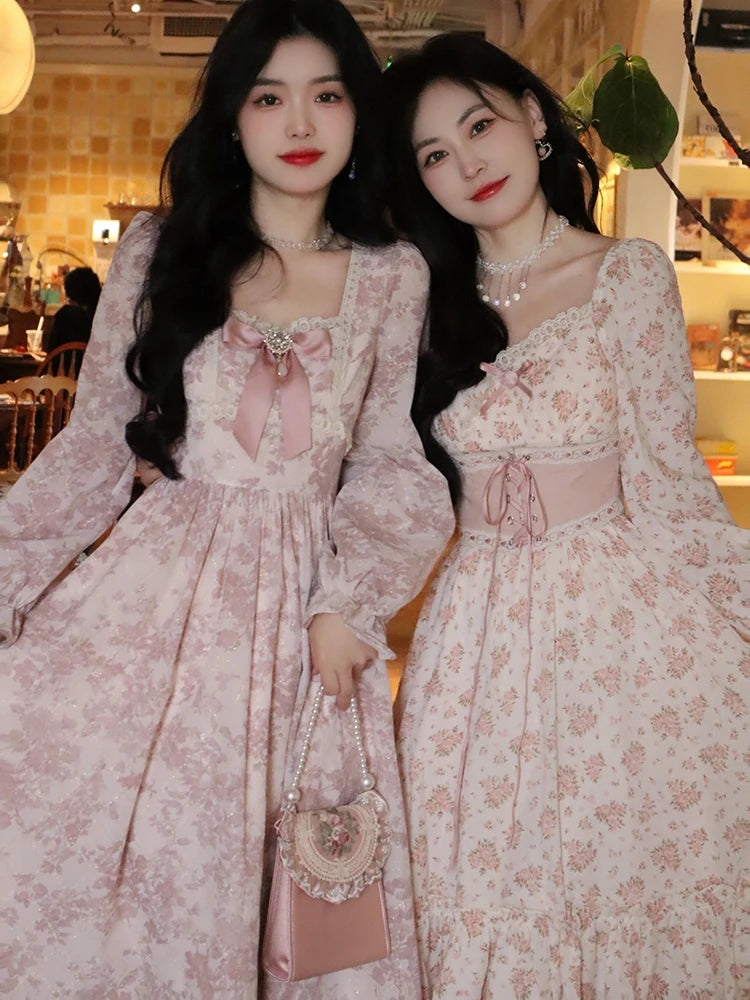 ARWEN & AJH GROUP 2024 Spring Pink Floral Elegant Dress Women Bandage Lace Print Sweet Vintage Dress Puff Sleeve Dress Women Princess Fairy