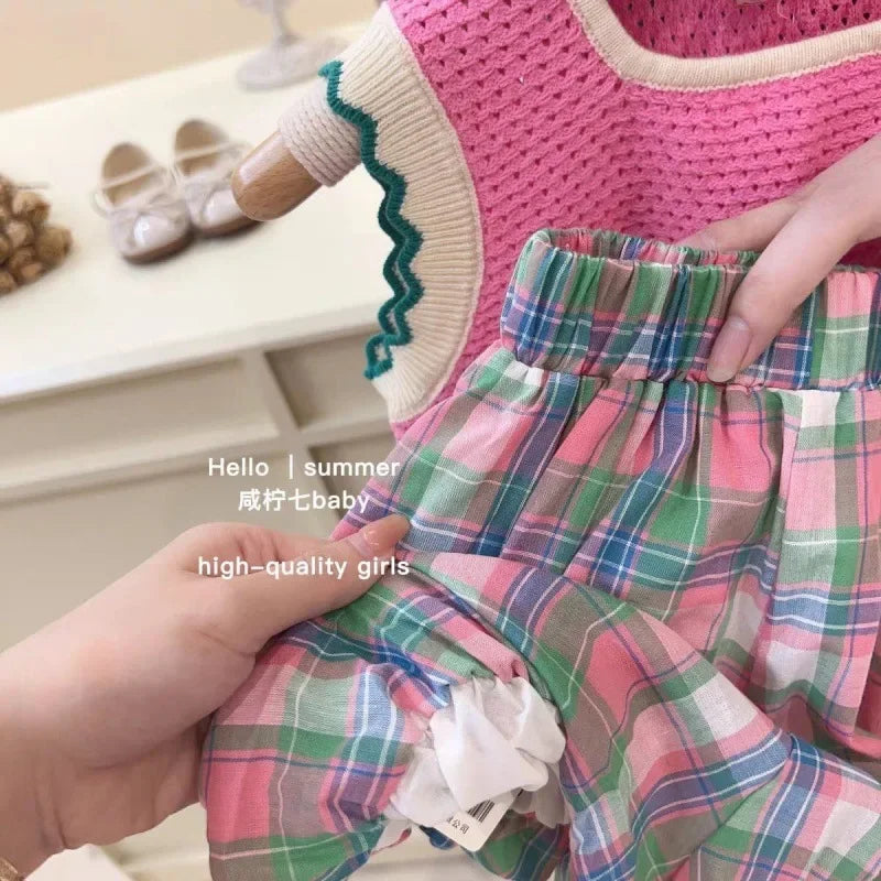 Girl's Children's Clothing Suit Summer Pink Knitted Vest+Plaid Bud Shorts Two-piece Set for Outer Wear Leisure Style Loungewear