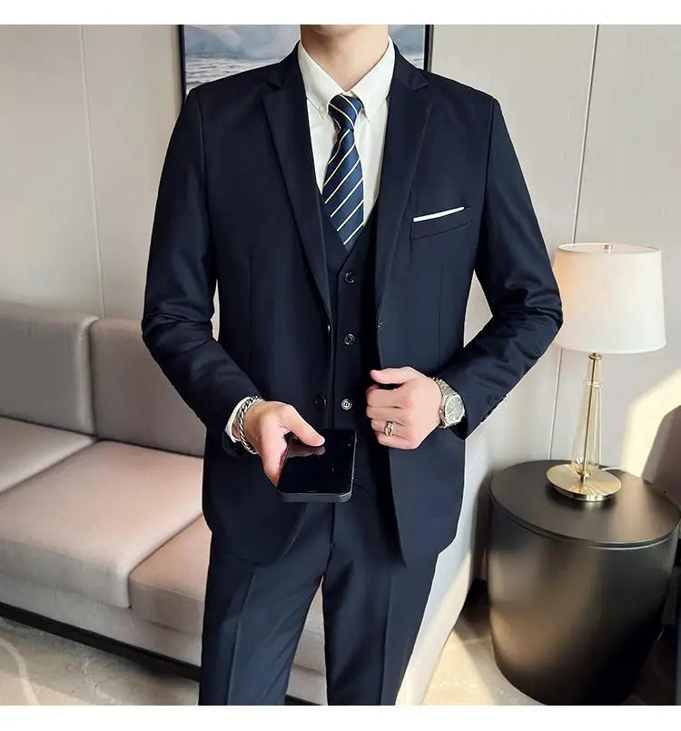 2023High-quality solid color (suit + vest + trousers) Men's business formal suit 3/2 business suit bridegroom and best man