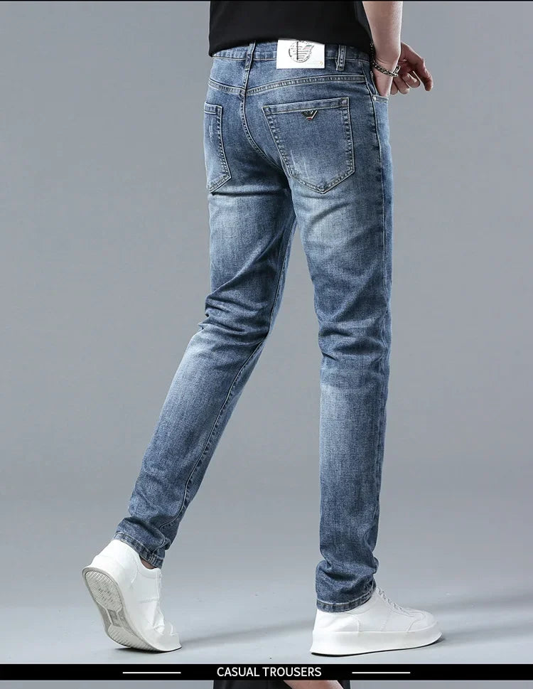 Free Shipping Slim Fit Men's Jeans Straight Leg Europe Trendy Brand Fashionable Washing Long Pants Casual Scene