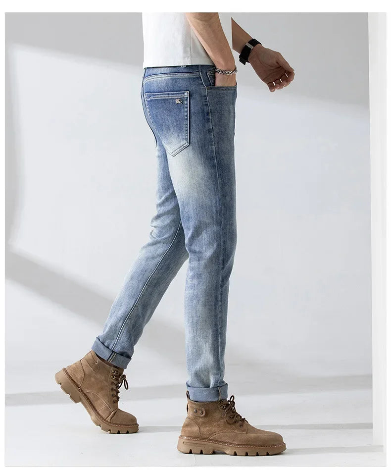 Trendy Casual Men's Denim Trousers High End Thin Cutting Edge Style Slim Fit Stretchy Regular Fit Small Straight Leg