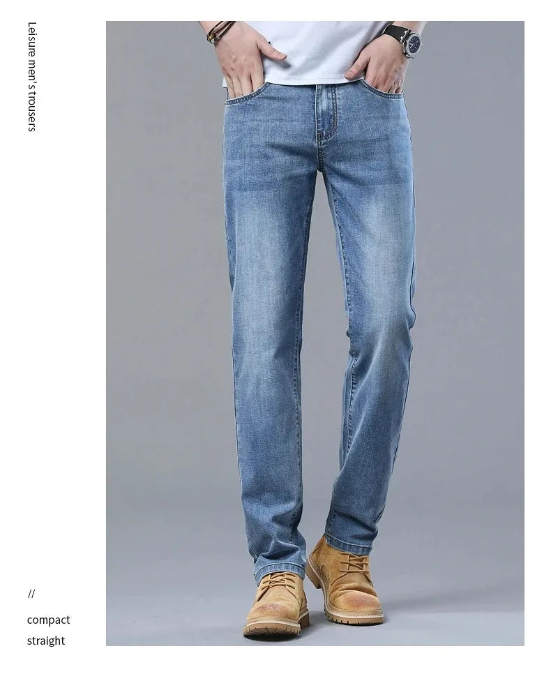 New in Men's Straight Jeans Summer Thin Casual Stretch Fashion Business Casual Denim Pants Straight Classic Male Trousers