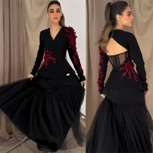 Saudi Arabia Evening Gown Dearin V-neck A-line Ankle Length Open Back Skirts Draped Tulle Applique Bespoke Occasion Dresses Form