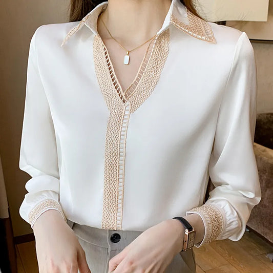 Autumn Women Long Sleeve White Blouse Shirt Tops Women V-Neck Chiffon Blouse Women Blusas Mujer De Moda 2024 Blouses Femme E685