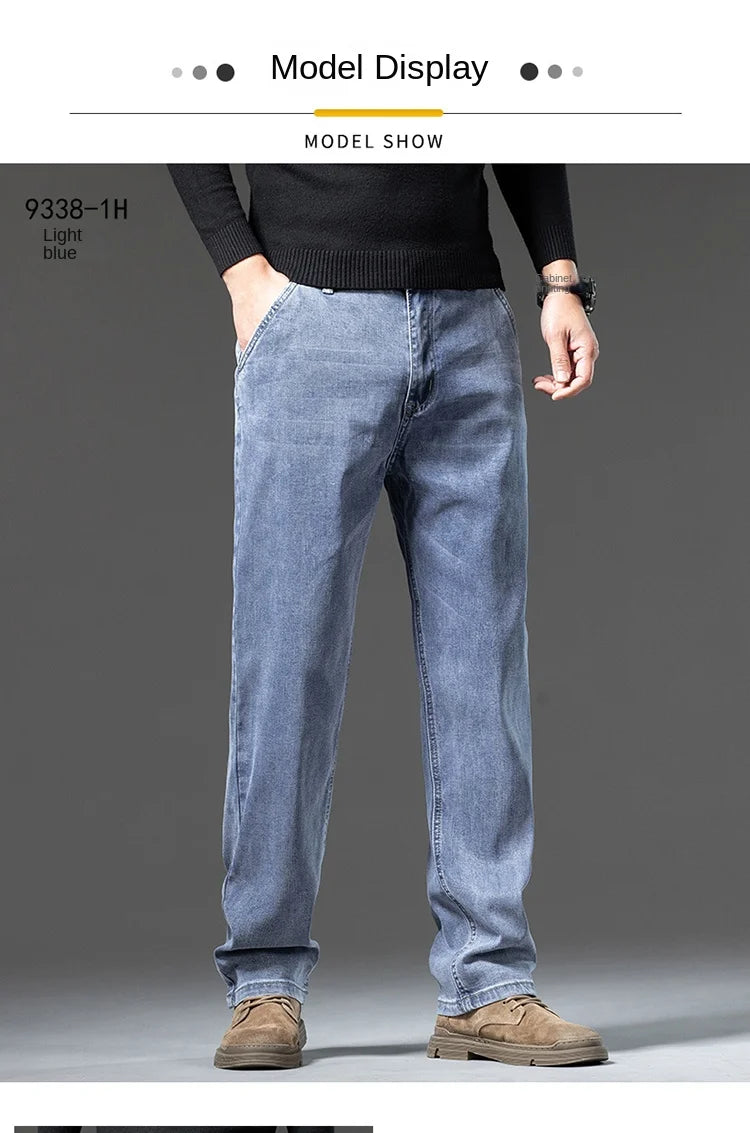 Autumn and Winter Lyocell Jeans Men's Loose Straight Business Pants High Waist Retro Spring and Fall Thick Section Retro Blue Of