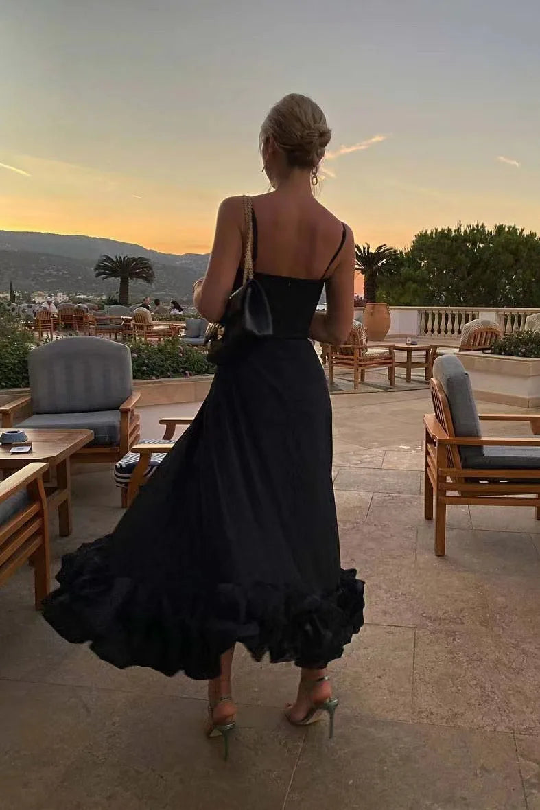 مجموعه اروين  ARWEN & AJH GROUP  Elegant Ruffle Solid Sling Long Dress Women Strap Waist Party Dresses Fashion Sleeveless Backless Beach Swing skirt A-line tutu