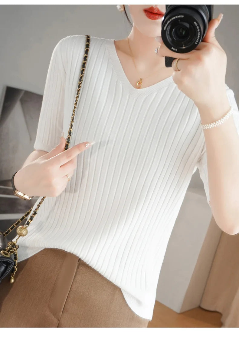 2024 new Women's Clothing Pullovers Sweaters Spring Summer New V-neck Short sleeved Knitted Shirt Base Shirt Solid Color Jumpers