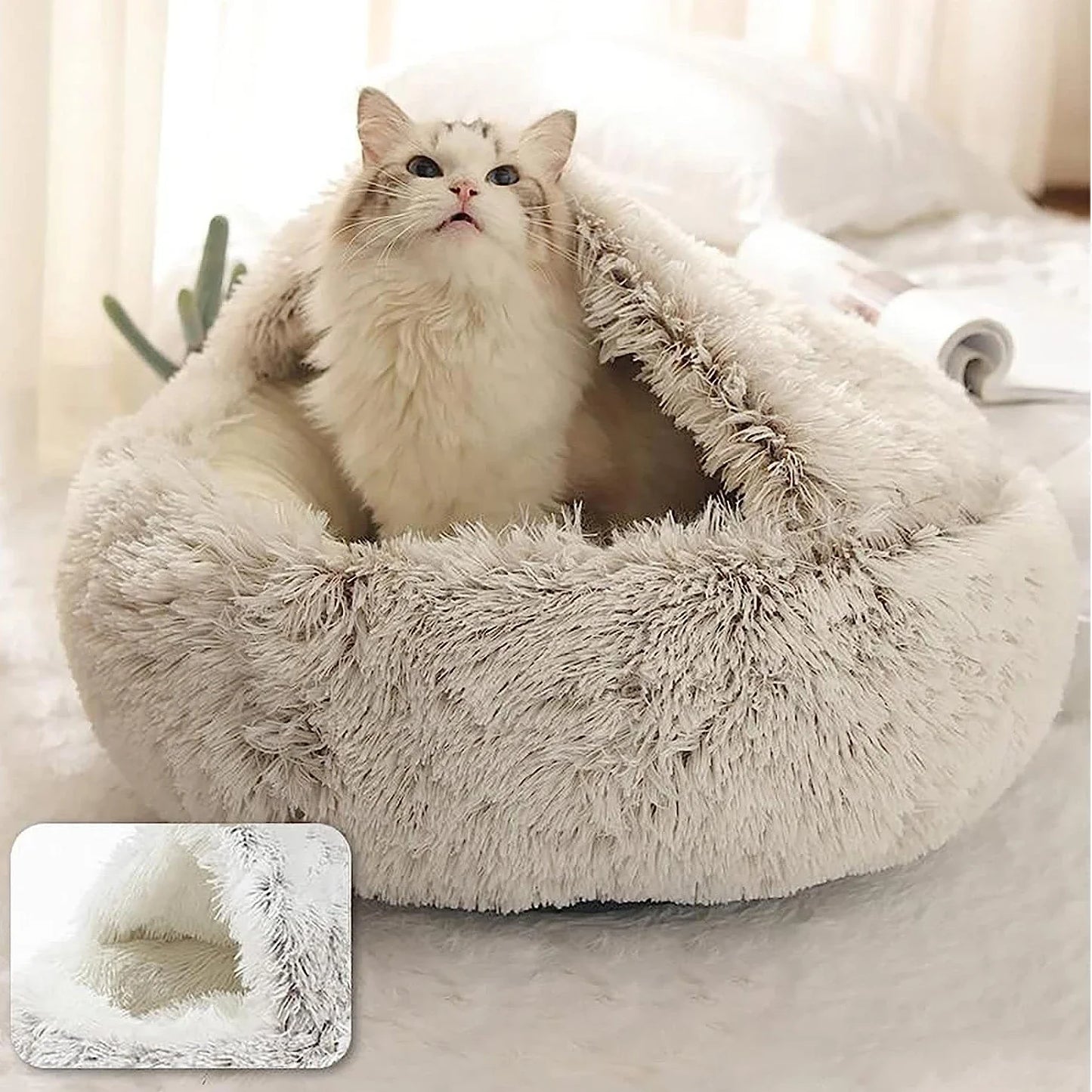 Cozy Round Pet Bed with Detachable Cover Dual-Purpose Warm Sleeping Nest and Cave for Small Dogs and Cats