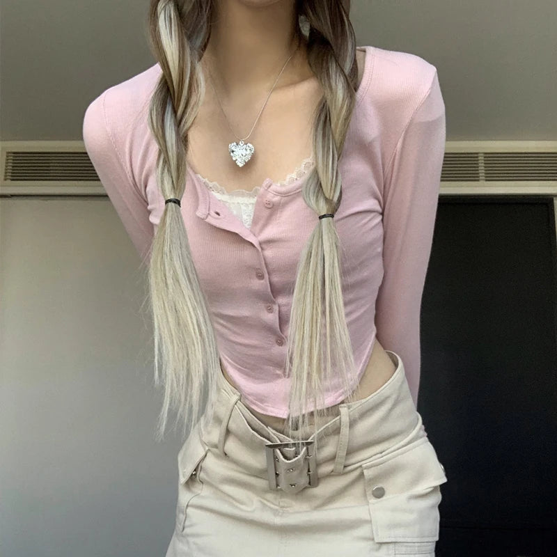 مجموعة اروين التجارية ARWEN&AJH GROUP  2024 European Sweet Pink Lace Trim Long Sleeve Corset Crop Tops Korean Style Cute Aesthetic Slim T-Shirt Women Basic Tees Autumn Pullovers