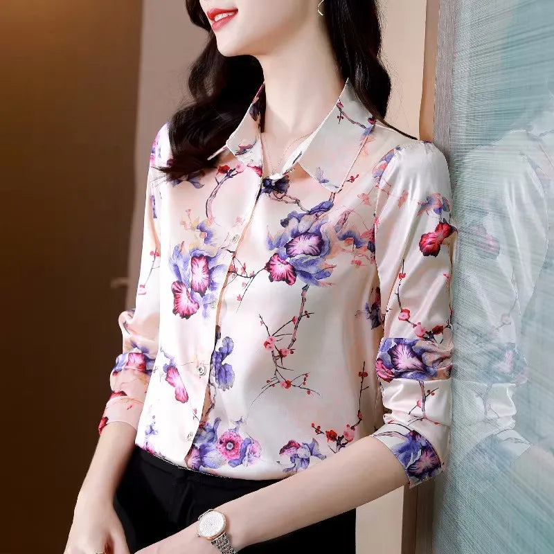 ARWEN & AJH GROUP Chic Printed Casual Office Shirts For Women Long Sleeve Silk Satin Fashion Women Blouses 2024 Elegant Female Tops  ARWEN & AJH GROUP