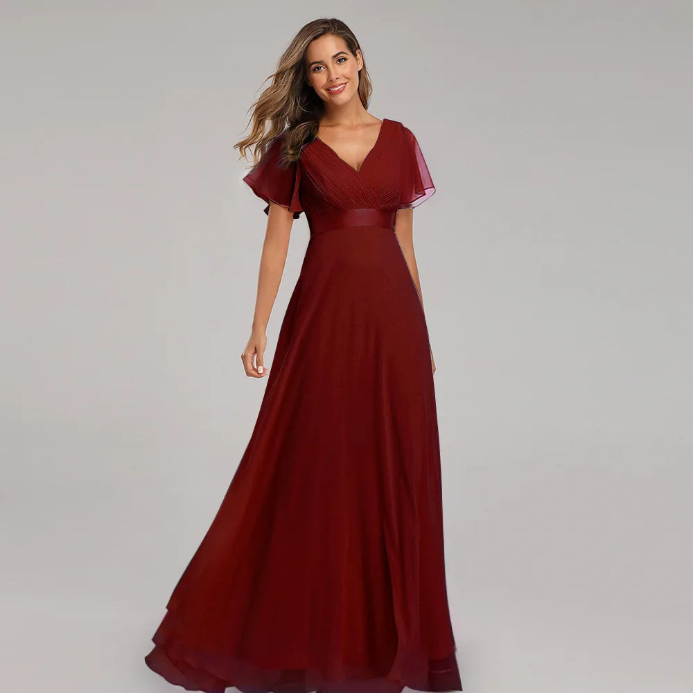 New Style Women V-Neck Chiffon Dress Wedding Evening Party Long Dress Elegant Party Red Dresses For Women 2023 Plus Size