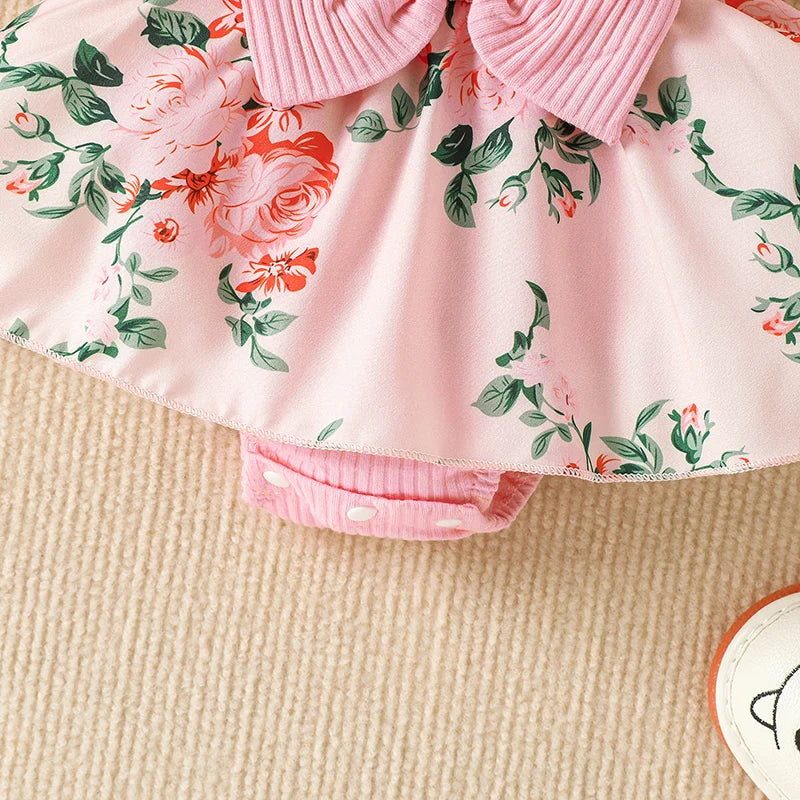 2pcs Infant Baby Girls Romper Dress Patchwork Flower Print Lace Sleeveless/Long Sleeve Crew Neck Front Bowknot Jumpsuit Headband