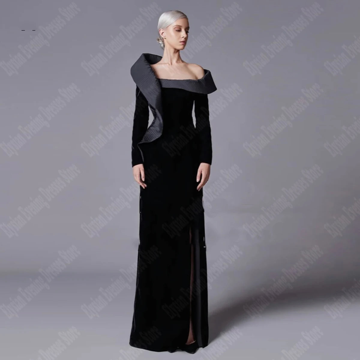 مجموعة أروين 2024 Women Elegant Dresses  Pleated Slim Fit Prom Gowns  Newest Velvet Dark Black Vent Customized Long Sleeve Mopping Length