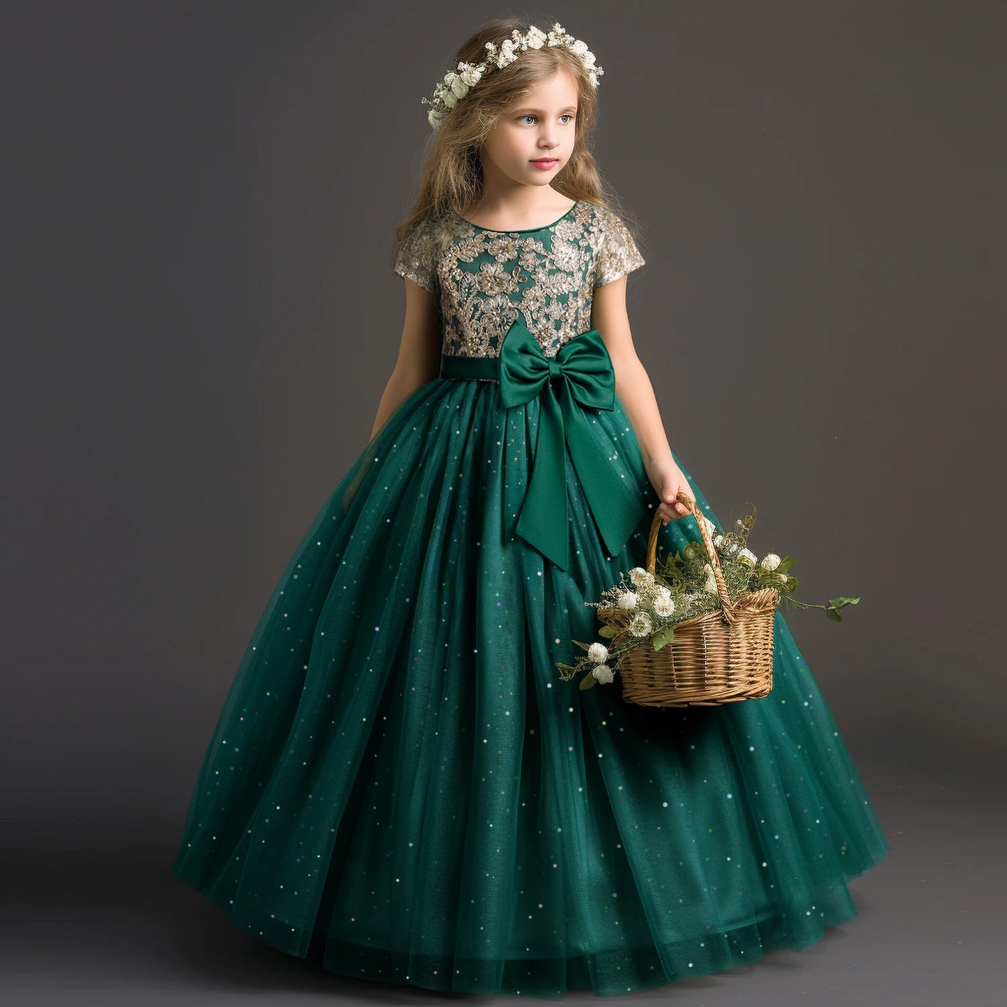 2024 Teen Girls Bridesmaid Flower Dresses for Wedding Elegant Luxury Party Sequin Lace Princess Evening Dress Birthday Prom Gown