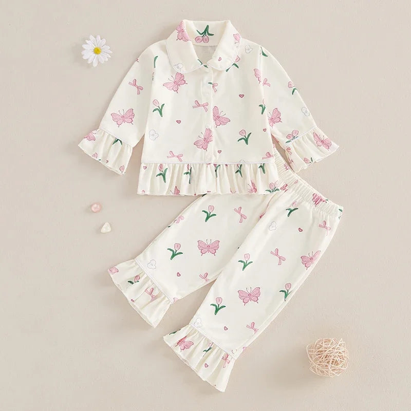 Fashion Children Kids Baby Girls Pajama Sets Strawberry/Butterfly Print Ruffles Long Sleeve Button Shirts Tops Pants Loungewear